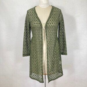 Saint Tropez Open Long Sleeve Floral Crochet Duster Topper Cardigan Dark Green
